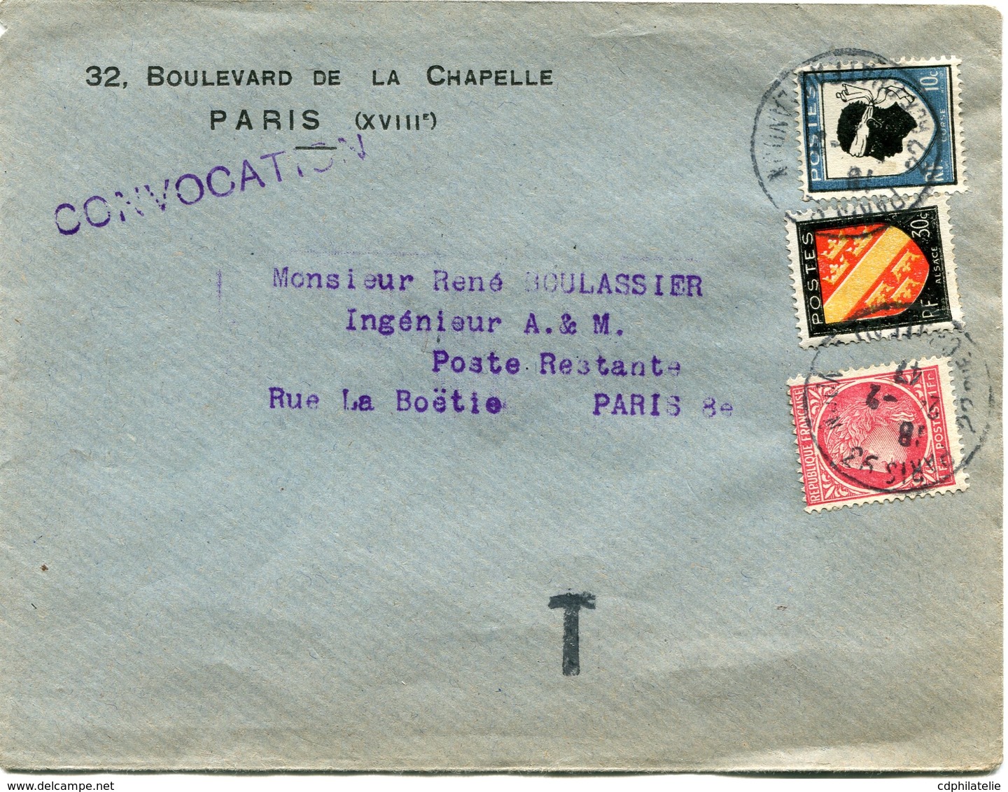 FRANCE LETTRE DEPART PARIS 24-2-47 RUE CHATEAU LANDON TAXEE EN POSTE RESTANTE PARIS 25-2-47 R. LA BOETIE - 1945-47 Cérès De Mazelin