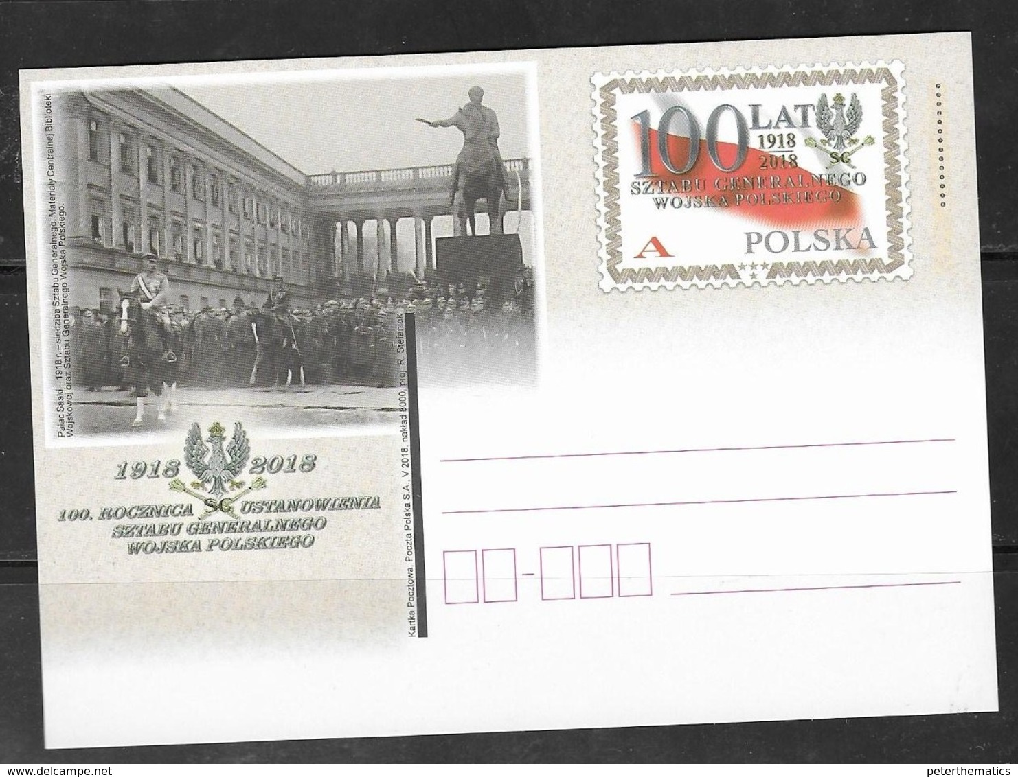 POLAND, 2019,MINT POSTAL STATIONERY, PREPAID POSTCARD, MILITARY, ANNIVERSARY OF GENERAL STAFF OF POLISH ARMY, HORSES - Militaria