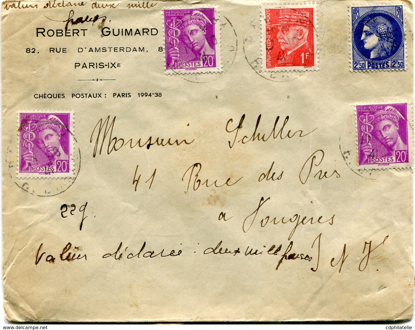 FRANCE LETTRE RECOMMANDEE CHARGEE AVEC AFFR. COMPLEMENTAIRE AU DOS DEPART PARIS 17-10-41 POUR LA FRANCE - 1938-42 Mercurius