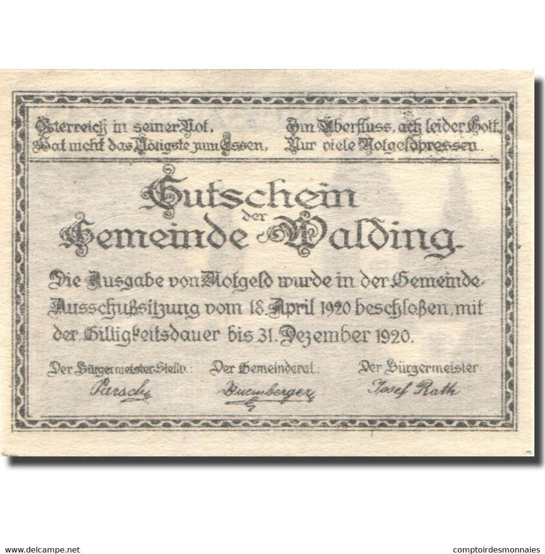 Billet, Autriche, Walding, 20 Heller, Eglise 1920-12-31, SPL Mehl:FS 1132c - Autriche