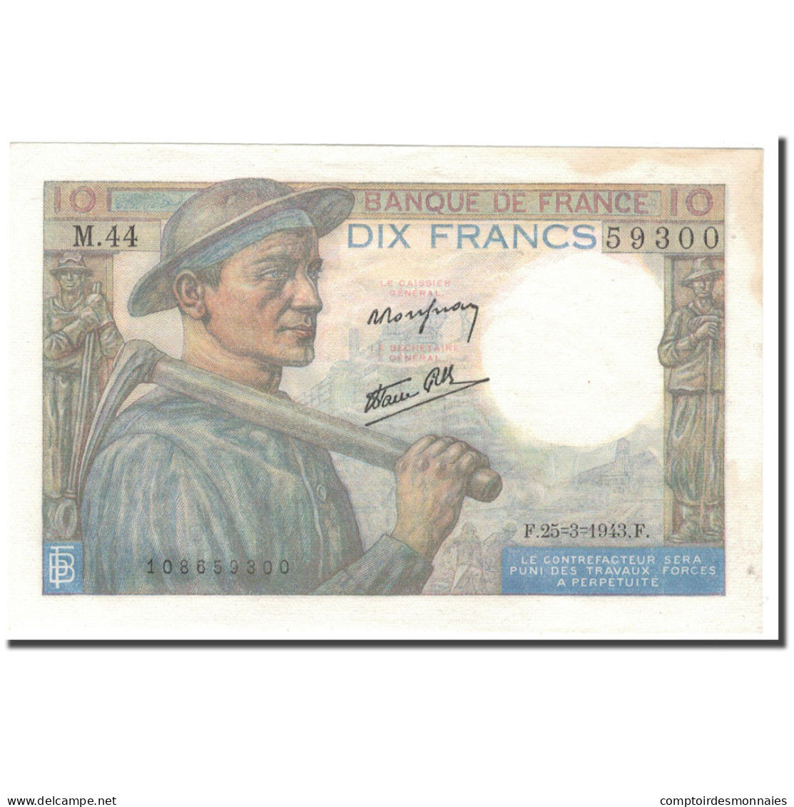 France, 10 Francs, Mineur, 1943-03-25, SUP, Fayette:8.8, KM:99e - 10 F 1941-1949 ''Mineur''