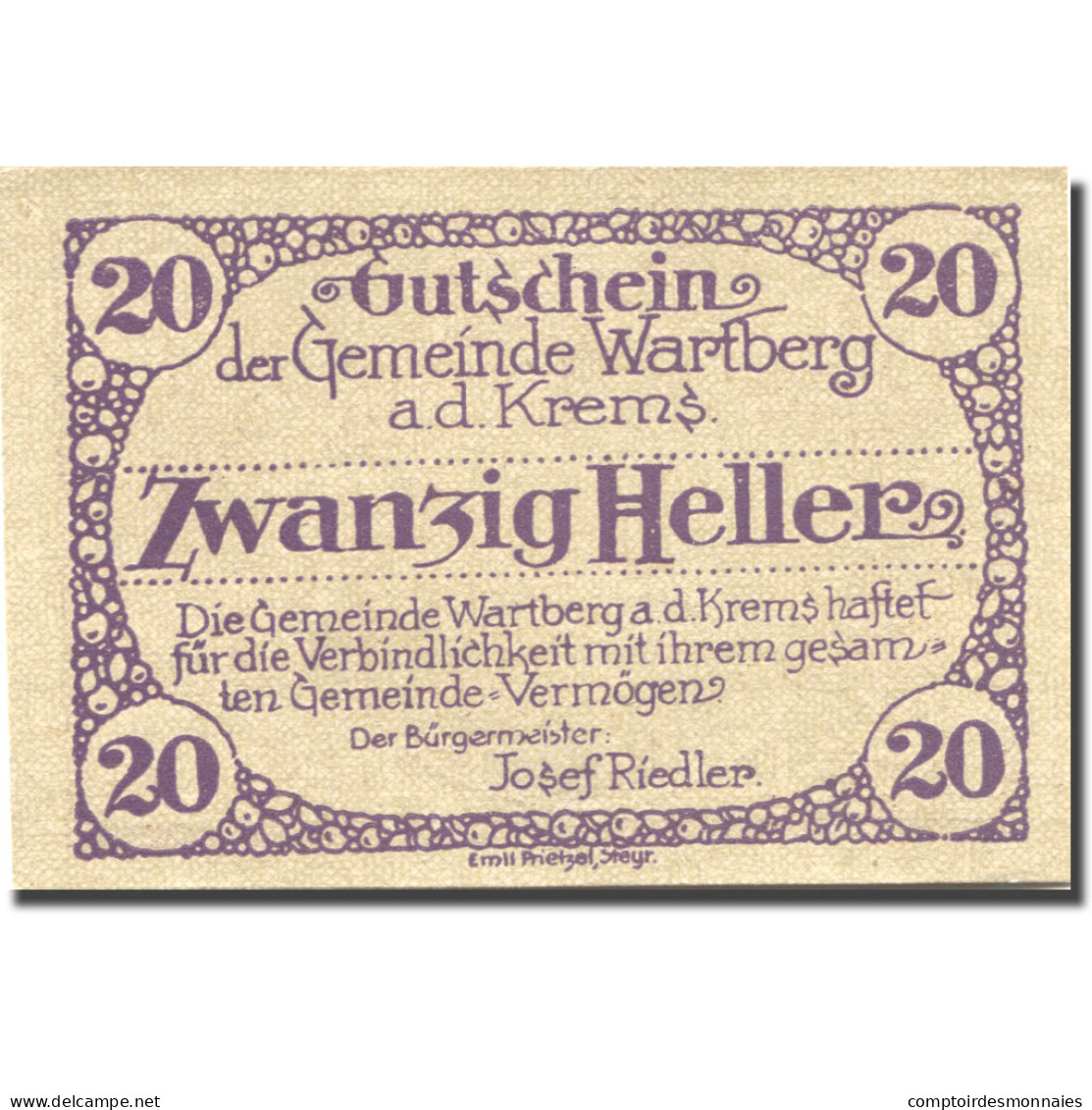 Billet, Autriche, Wartberg, 20 Heller, Eglise 1921-12-31, SPL Mehl:FS 1141a - Autriche