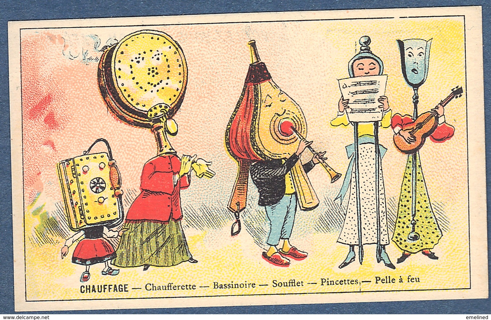 Chromo MOKA LEROUX Litho Courbe Rouzet Anthropomorphisme Chauffage Bassinoire Soufflet Pincettes Pelle Feu Chaufferette - Thé & Café