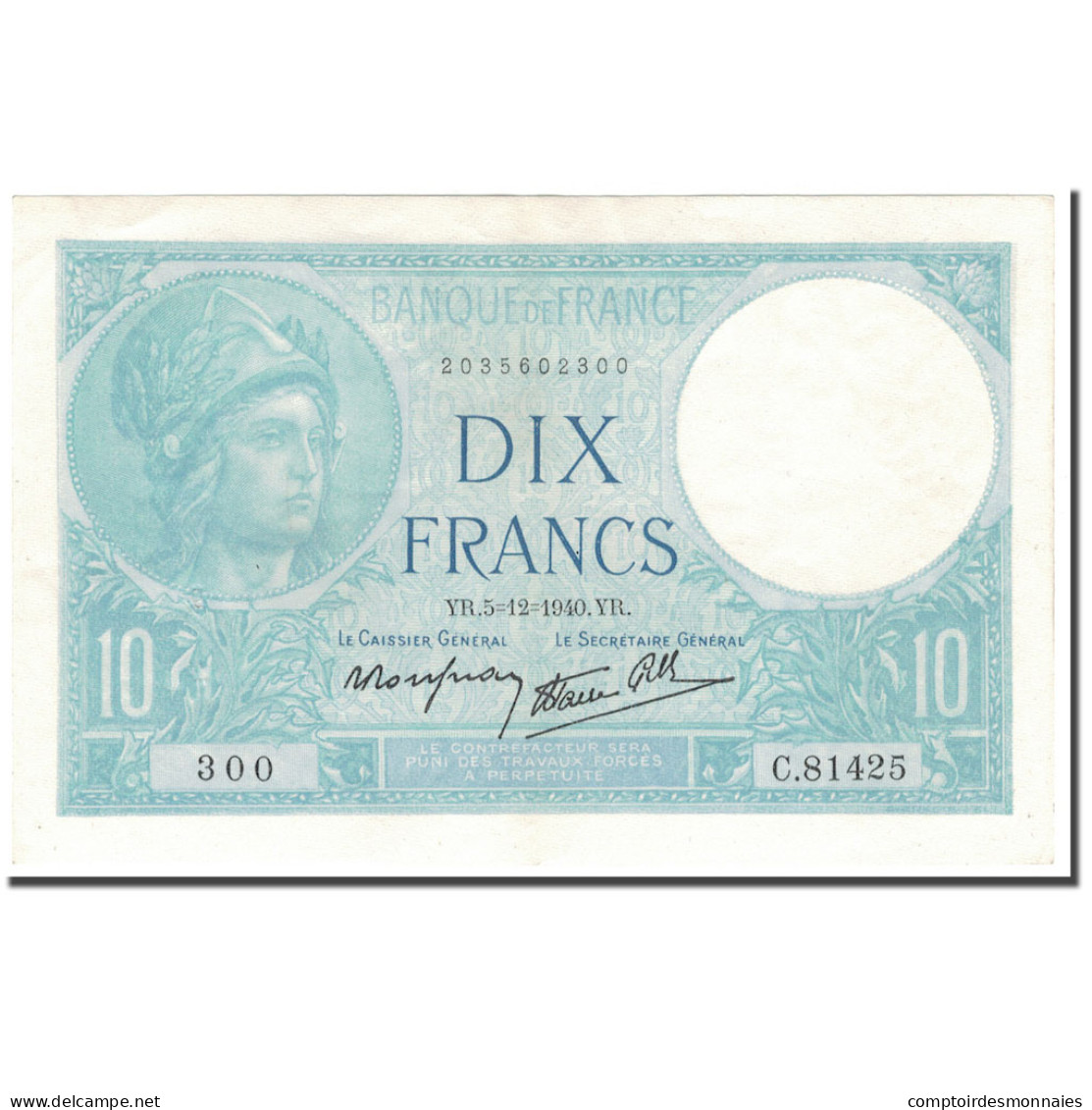 France, 10 Francs, Minerve, 1940-12-05, NEUF, Fayette:7.23, KM:84 - 10 F 1916-1942 ''Minerve''