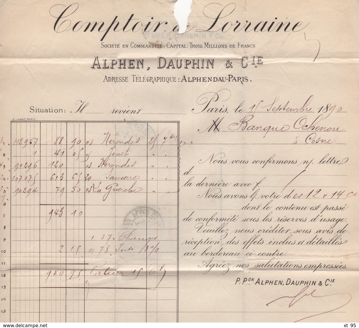 Perforation WCo - Worms Alphen Dauphin - Paris - 1890 - Lettre Du Comptoir De Lorraine - Autres & Non Classés