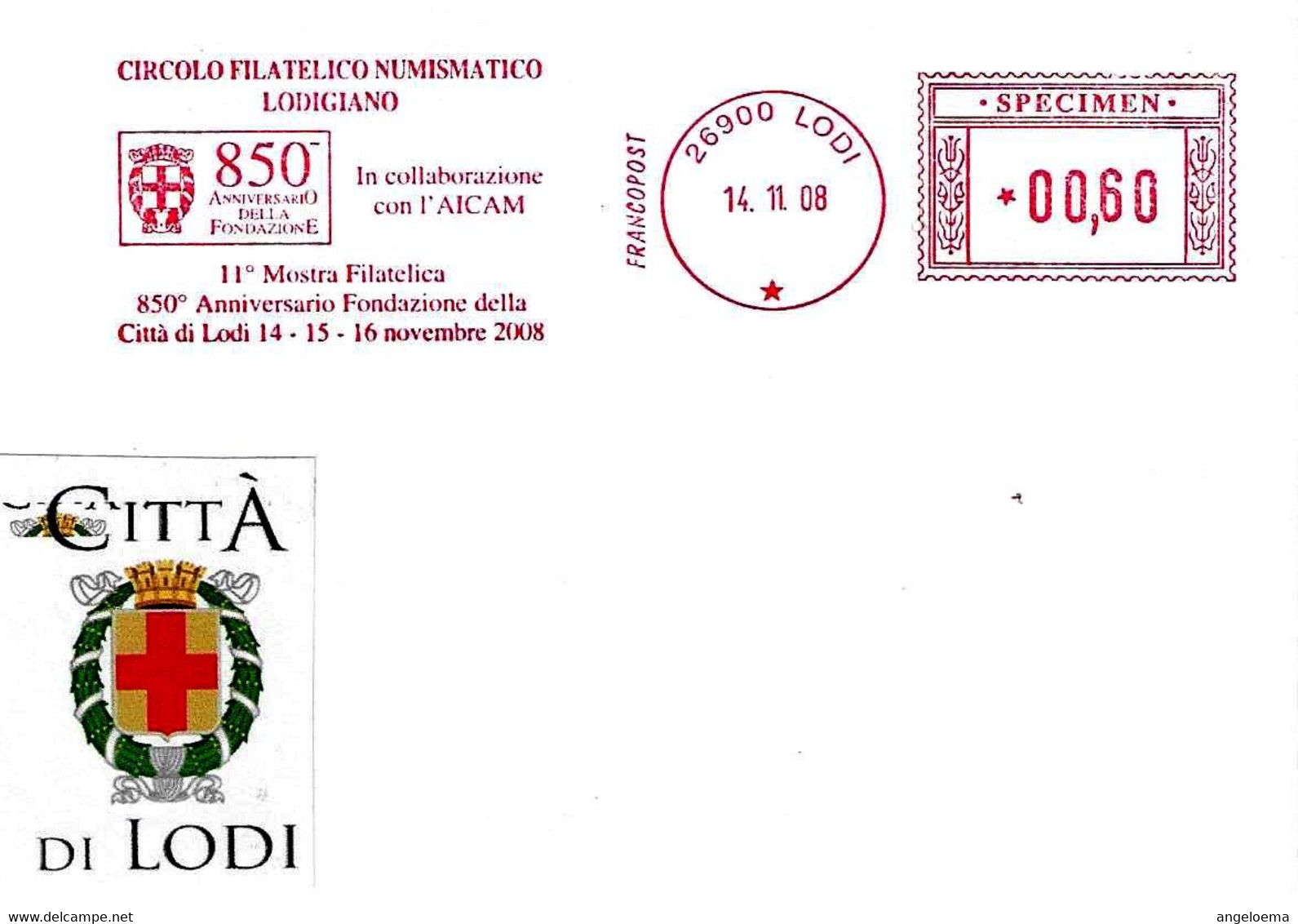 ITALIA - 2008 LODI 850° Fondazione Città - Ema Affrancatura Meccanica Rossa Red Meter SPECIMEN - 2880 - Covers