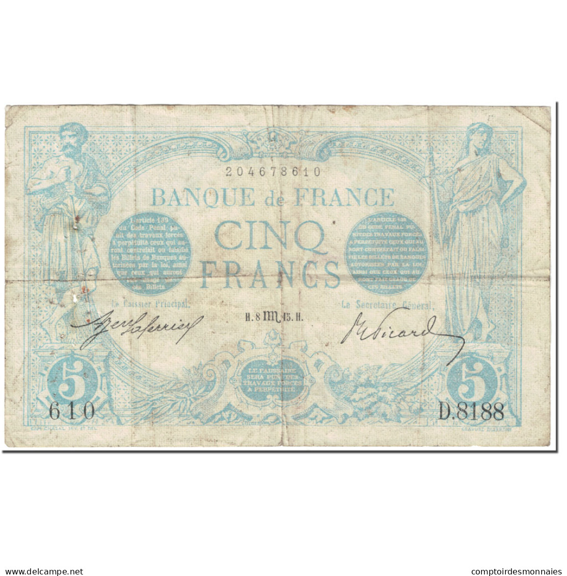 France, 5 Francs, 5 F 1912-1917 ''Bleu'', 1915, 1915-08-08, TB, Fayette:2.30 - 5 F 1912-1917 ''Bleu''