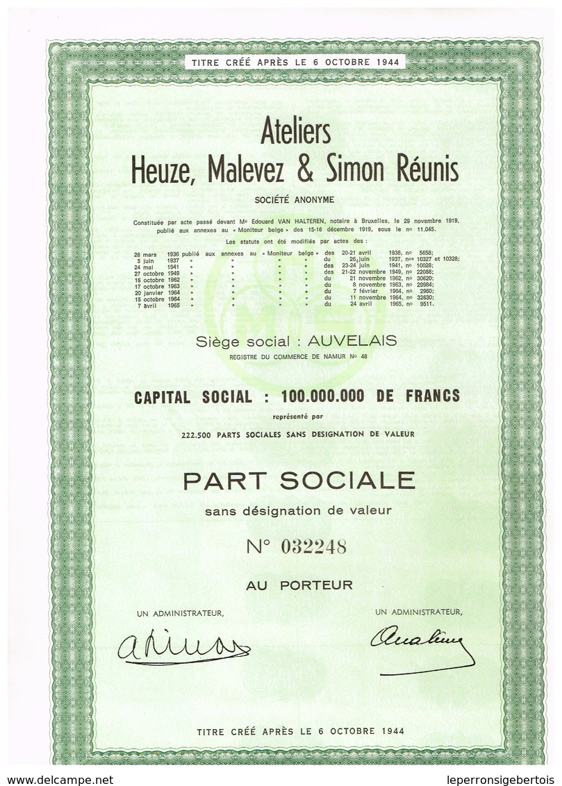 Ancienne Action - Ateliers Heuze, Malevez & Simon  Réunis - Saint-Servais - Auvelais - N° 032248 - Industrie