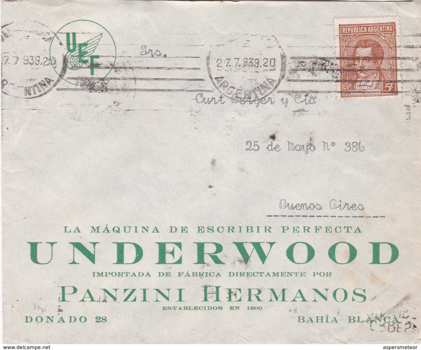 UNDERWOOD MAQUINA DE ESCRIBIR - COMMERCIAL ENVELOPE CIRCULEE 1939 BAHIA BLANCA A BUENOS AIRES BANDELETA PARLANTE - BLEUP - Storia Postale