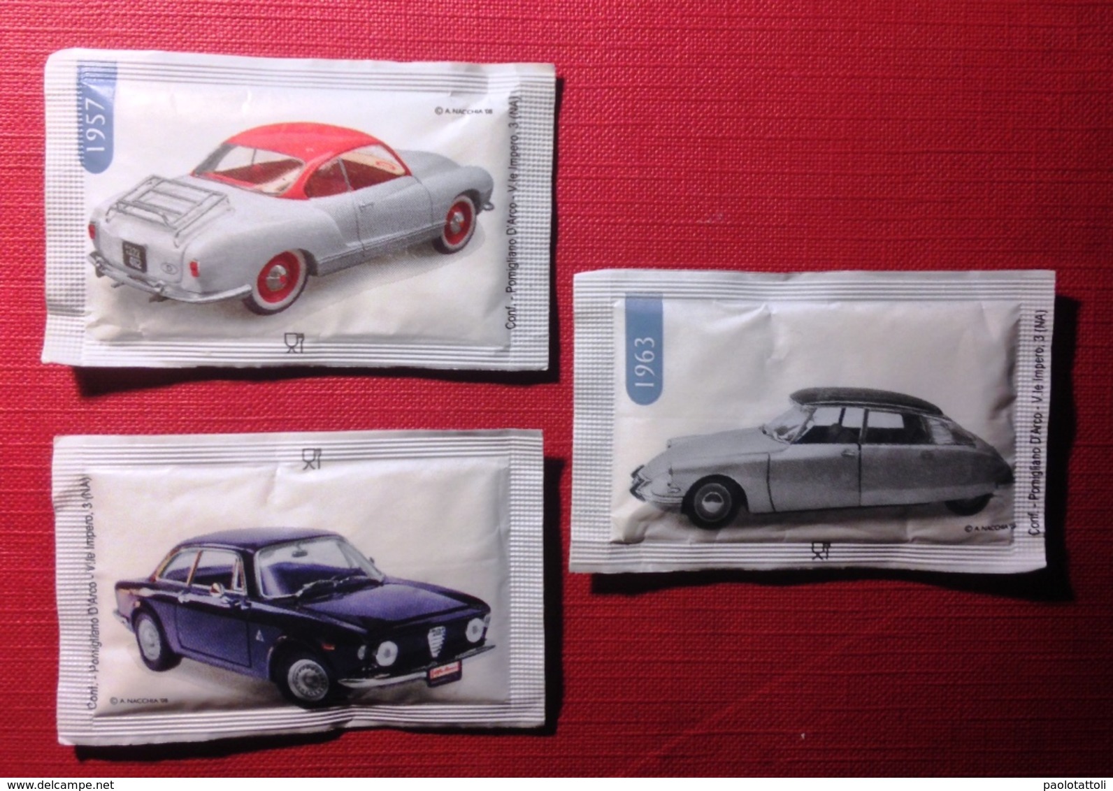 Sugar Bags Full- Vintage Cars. Citroen DS 19, Alfa Romeo Giulia, VW Karmann Ghia. Lot Of 3. - Sugars