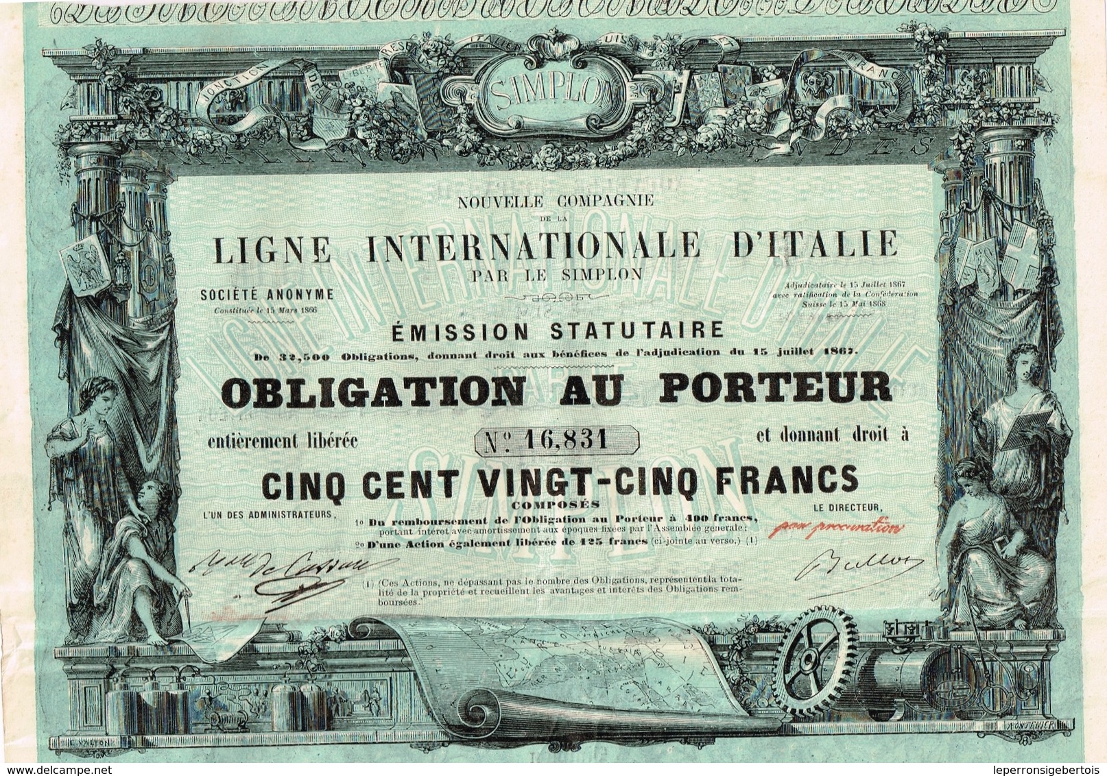 Titre Ancien - Nouvelle Compagnie De La Ligne Internationale D' Italie Par Le Simplon - Titre De 1868 - Déco - Chemin De Fer & Tramway