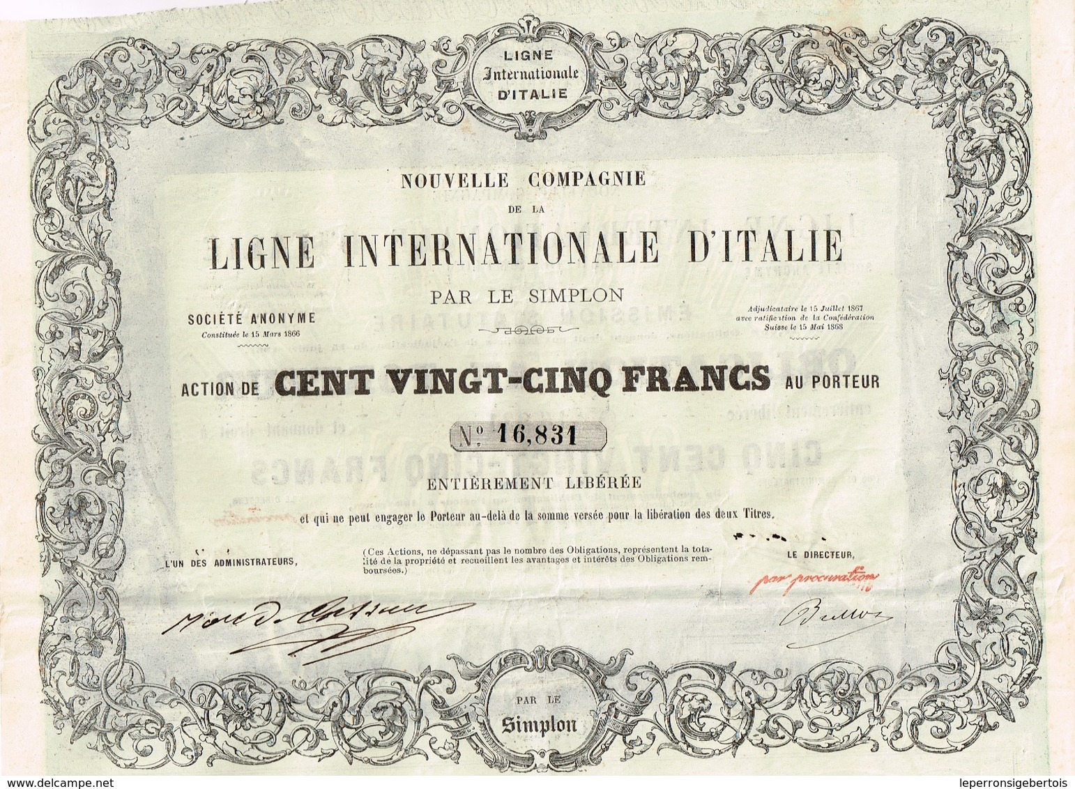 Titre Ancien - Nouvelle Compagnie De La Ligne Internationale D' Italie Par Le Simplon - Titre De 1868 - Déco - Chemin De Fer & Tramway