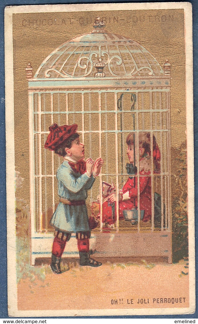 Chromo Or Doré Chocolat Guerin-Boutron Litho Champenois Enfants Enfant Cage Oh !! Le Joli Perroquet Fillette - Guérin-Boutron