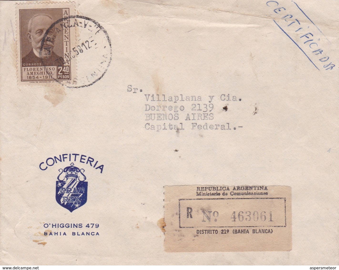 CONFITERIA GRAN REX - COMMERCIAL ENVELOPE CIRCULEE 1958 BAHIA BLANCA TO BUENOS AIRES RECOMMANDE - BLEUP - Storia Postale