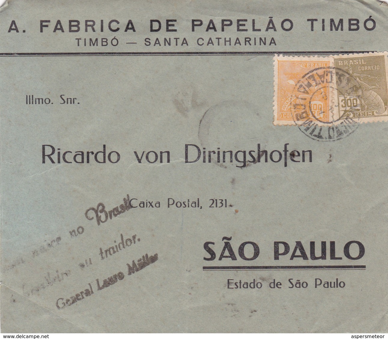 A FABRICA DE PAPELAO TIMBO - COMMERCIAL ENVELOPE CIRCULEE CIRCA 1940s BRAZIL - BLEUP - Storia Postale