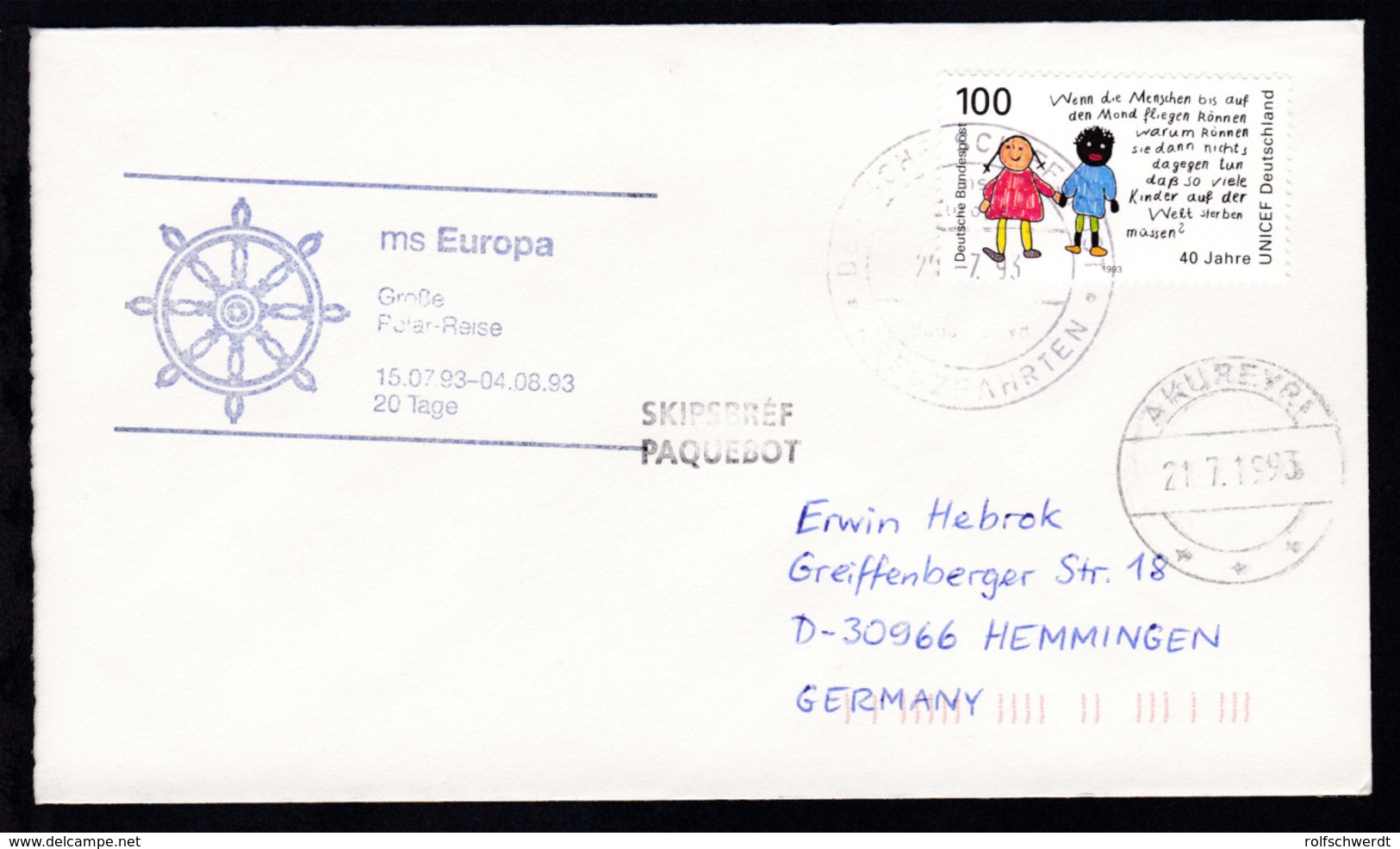 DEUTSCHE SCHIFFSPOST Ms Europa Hapag-Lloyd KREUZFAHRTEN 20.7.93 +  - Sonstige & Ohne Zuordnung