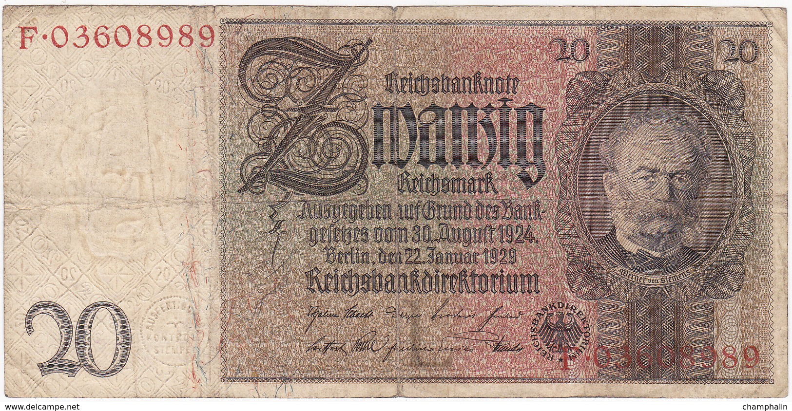 Allemagne - Billet De 20 Mark - 22 Janvier 1929 - Werner Von Siemens - 20 Mark