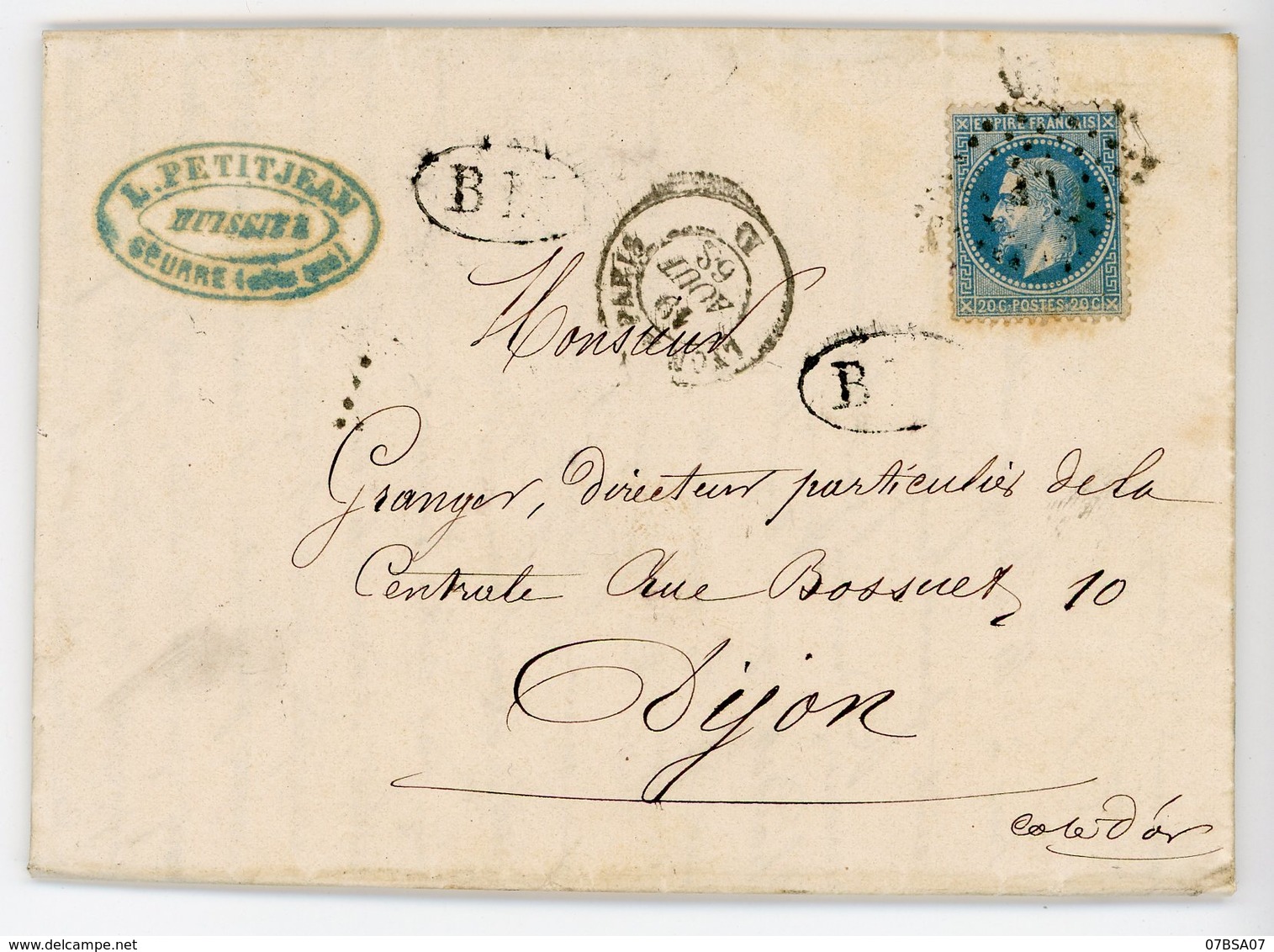 COTE D'OR LAC 1868 AMBULANT LYON A PARIS + BM BOITE MOBILE = LETTRE DE SEURRE COTE D'OR . V° BUREAU PASSE 1307 DIJON - 1849-1876: Classic Period