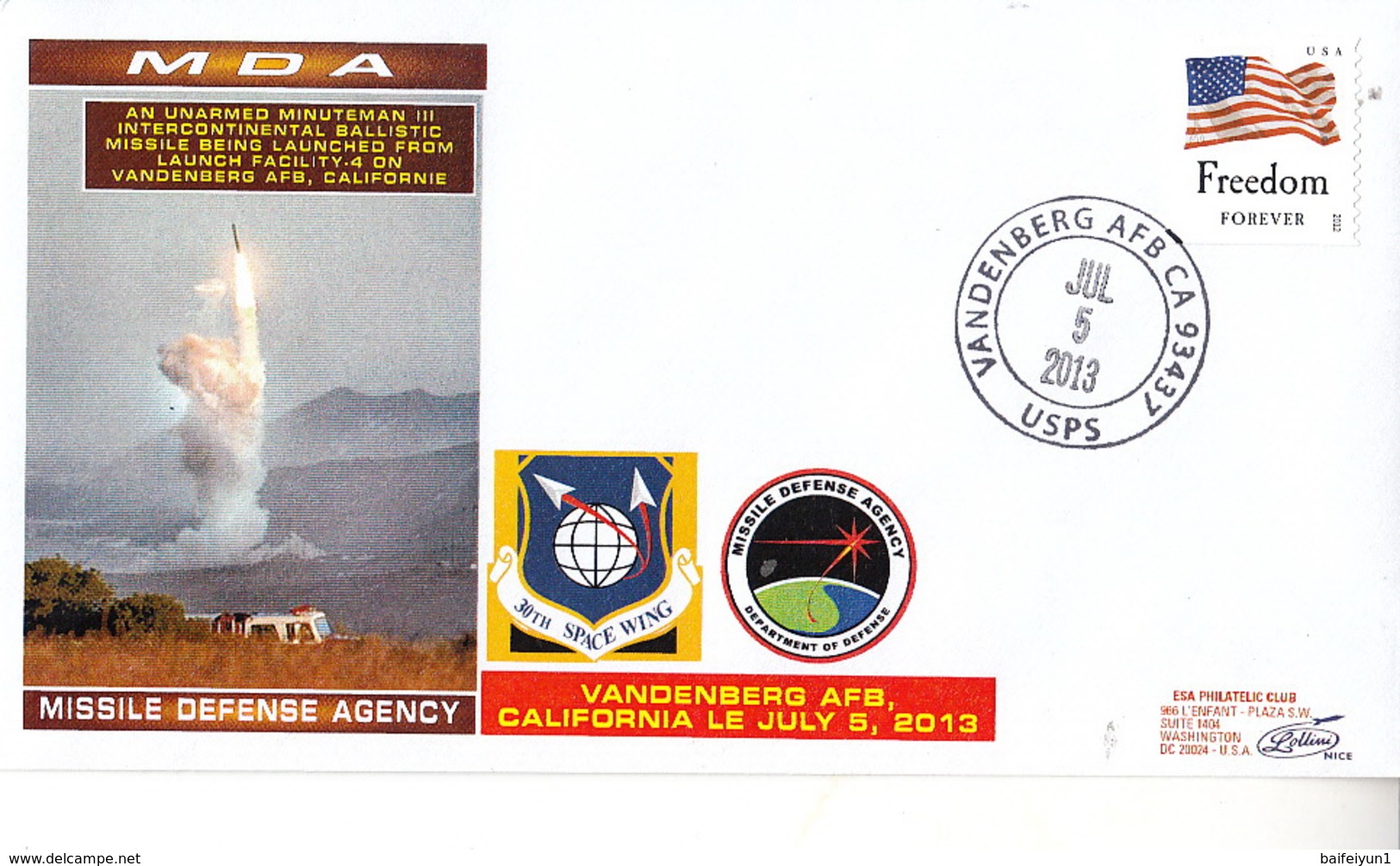 USA 2013  An Unarmed Minuteman III Intercontinental Ballistic Missile Begin Launched  Commemorative Cover - North  America