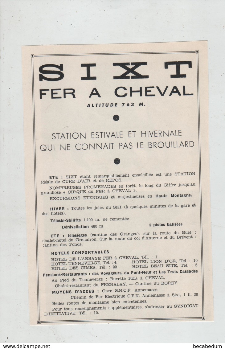 Publicité Sixt Fer à Cheval  Années 60 - Reclame