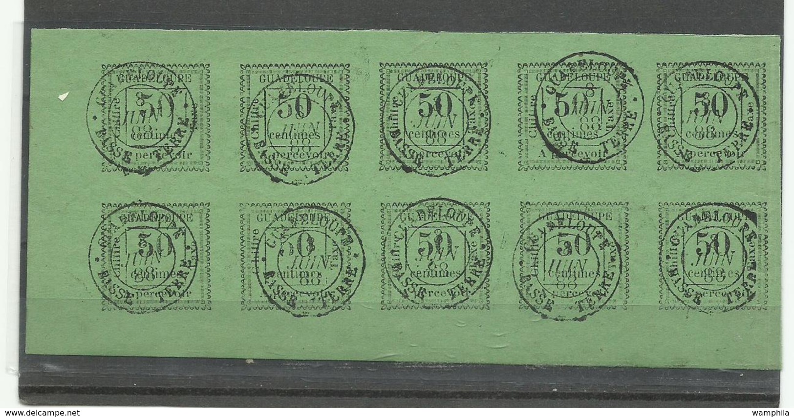 Guadeloupe, Taxe N° 12 Bloc De 10 Oblitéré, Cote YT 350€ .plus Value En Bloc - Used Stamps