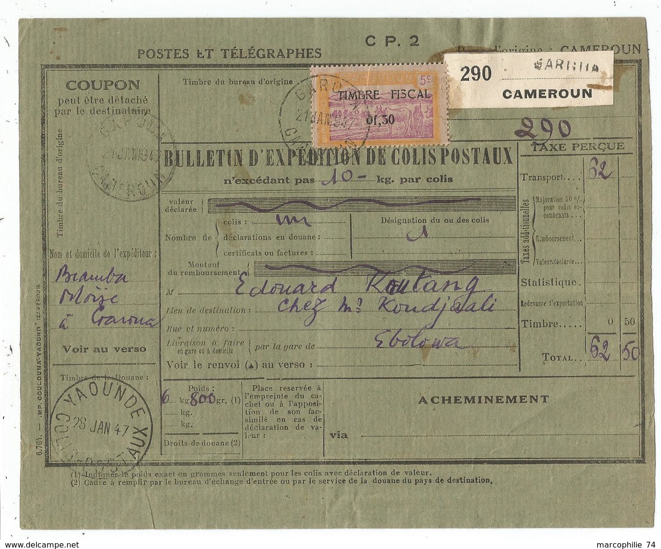 CAMEROUN 0.50 TIMBRE FISCAL BULLETIN EXPEDITION COLIS POSTAUX GAROUA 21 JANV 1947 - Covers & Documents