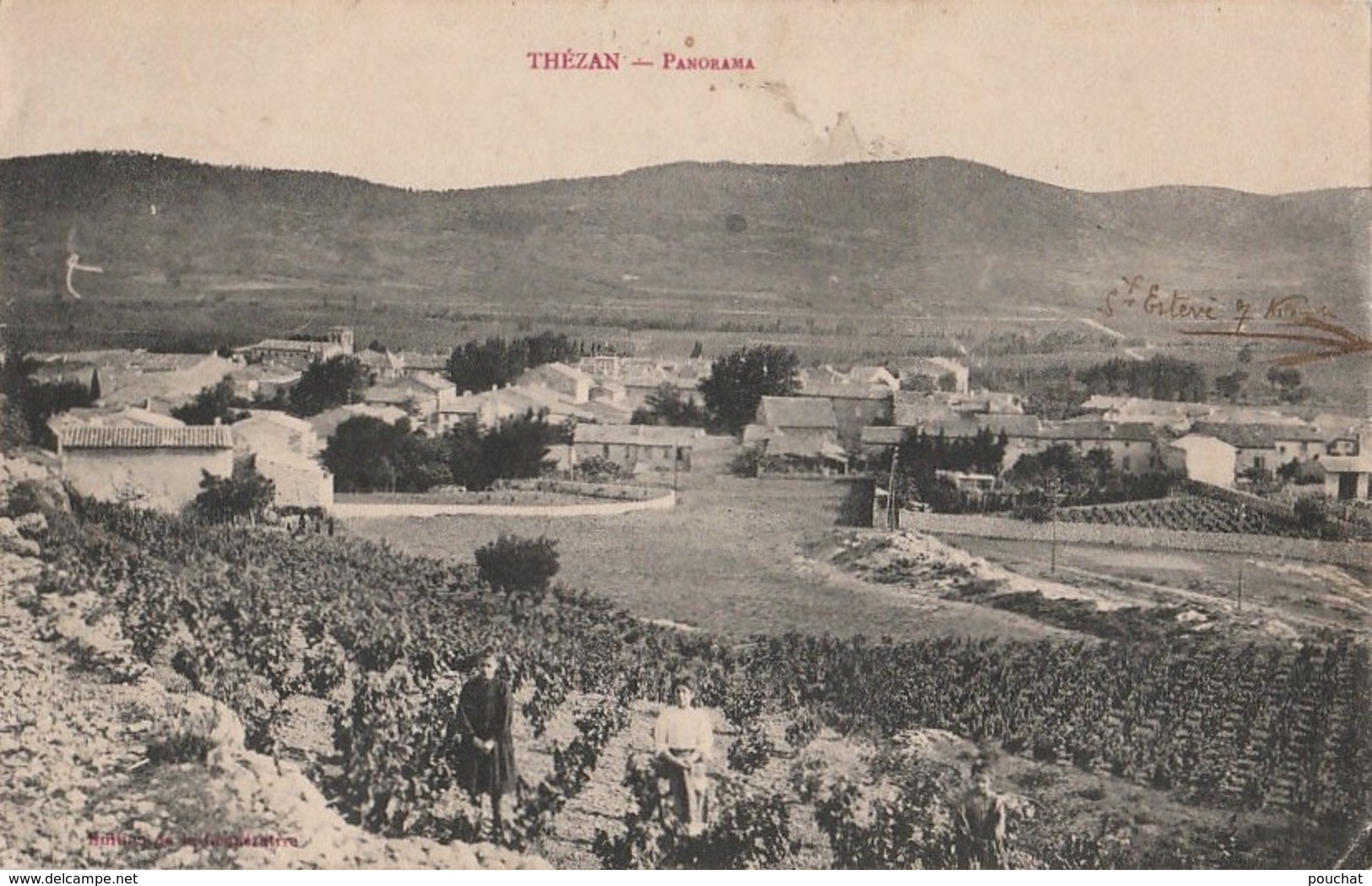 B2- 34) THEZAN (HERAULT)  PANORAMA - (ANIMEE - PERSONNAGES DANS LES VIGNES  -  2 SCANS) - Autres & Non Classés