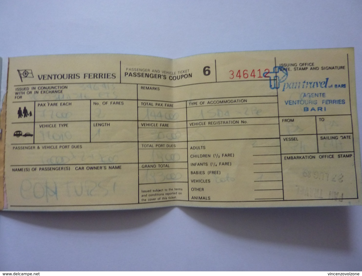 Biglietto Imbarco Auto "VENTOURS FERRIES GRECIA" 1989 - Europa