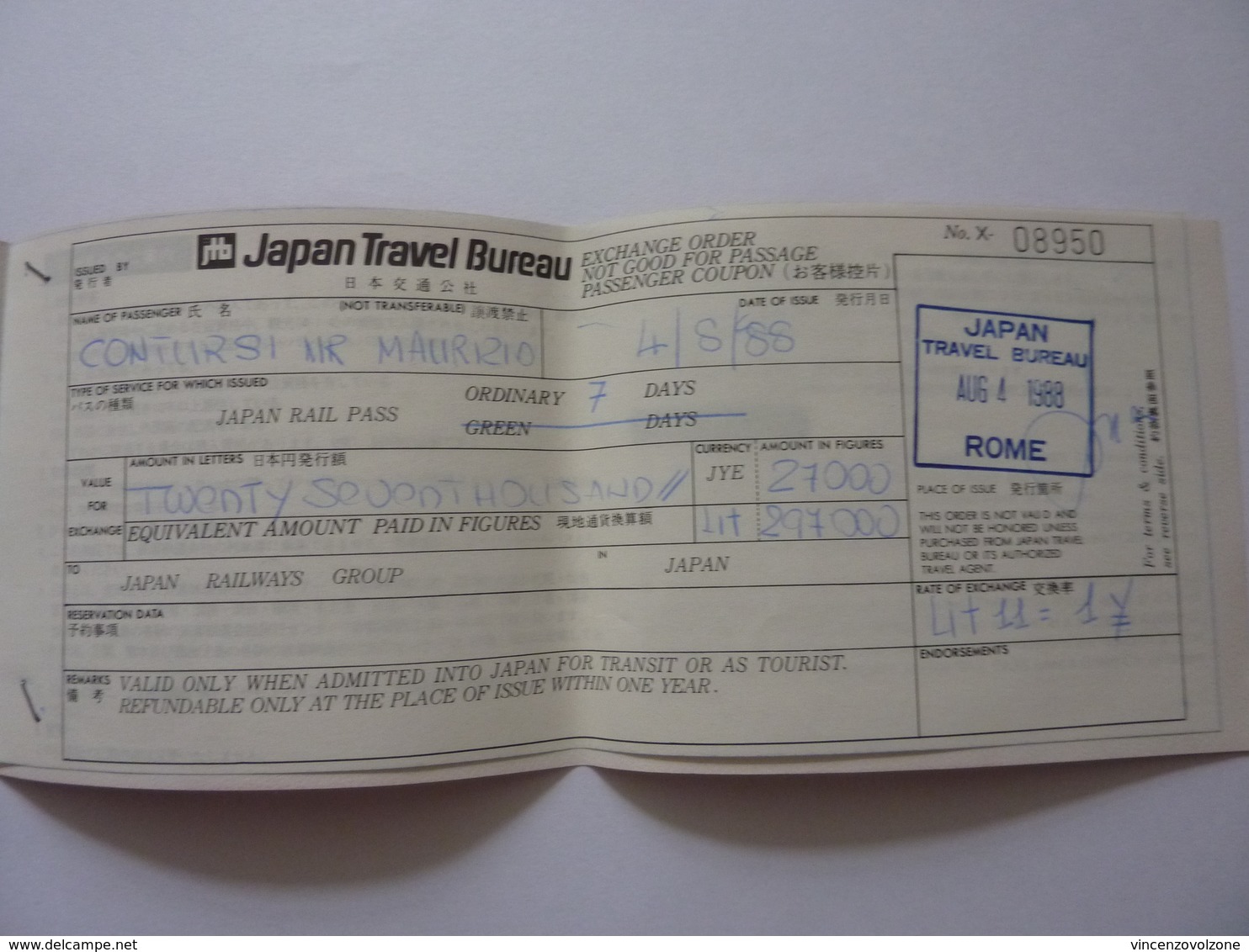 Abbonamento "JAPAN RAIL PASS " 1988 - Mondo