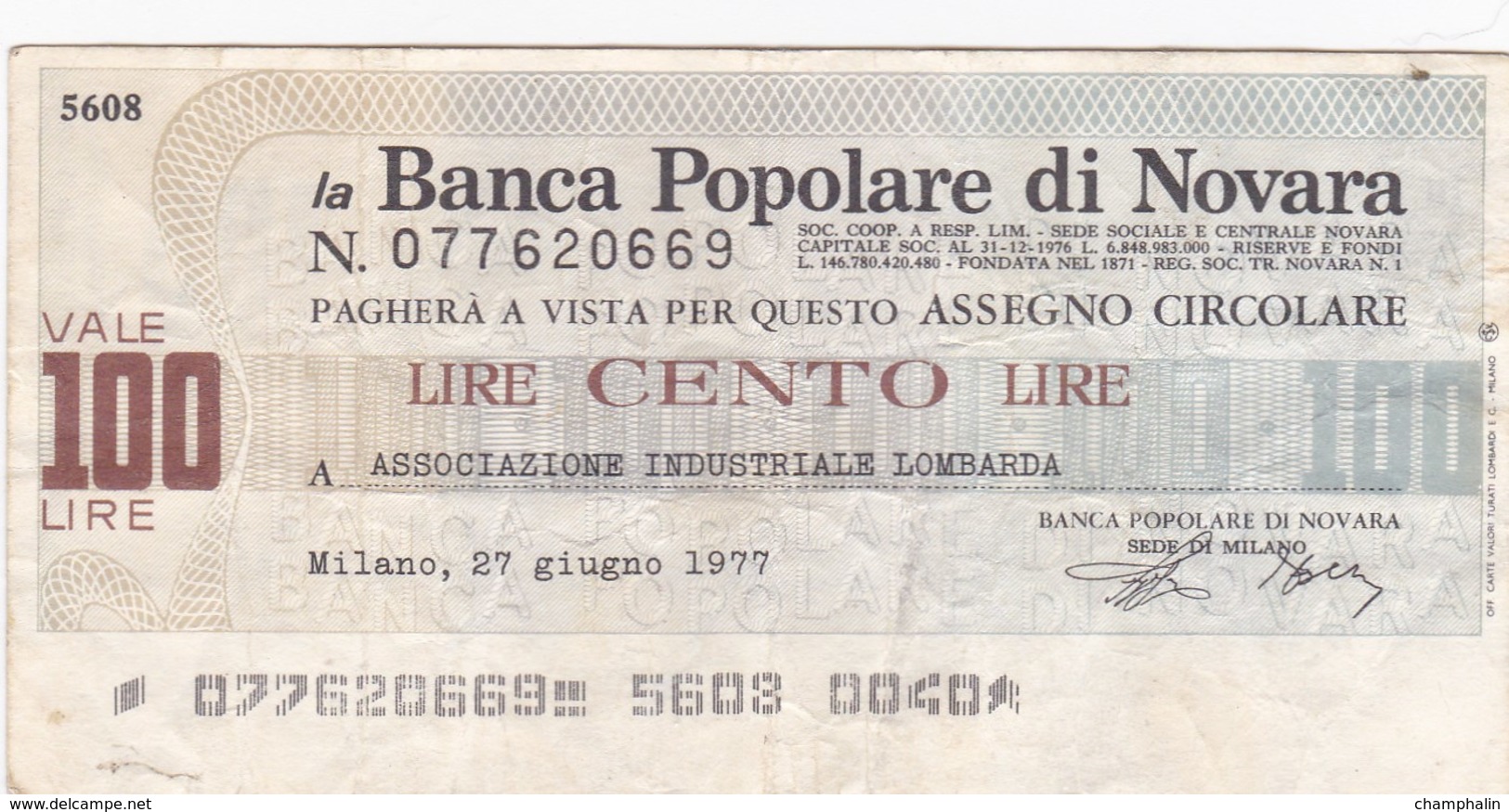 Italie - Billet De 100 Lire - Banca Popolare Di Novara - 27 Juin 1977 - Emissions Provisionnelles - Chèque - [ 4] Voorlopige Uitgaven