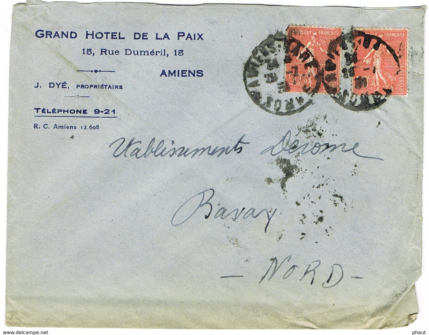 ENVELOPPE  A EN-TETE GRAND HOTEL DE LA PAIX AMIENS - 1921-1960: Période Moderne