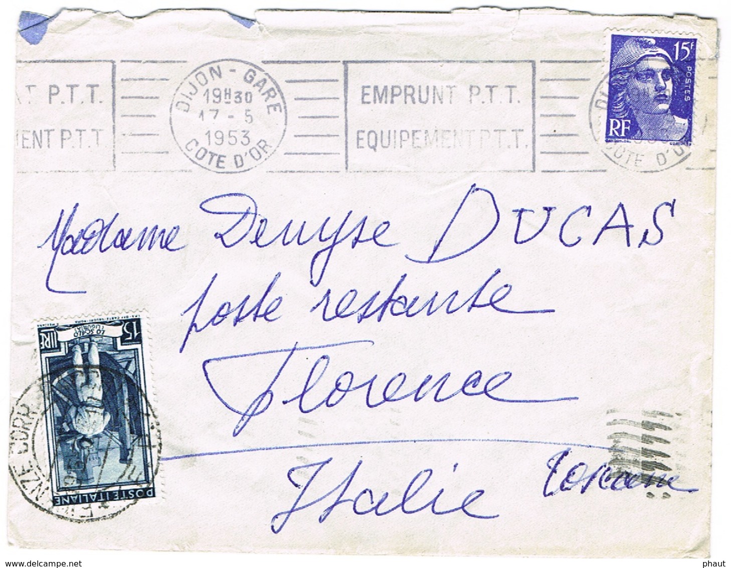 COURRIER  DIJON VERS FLORENCE TAXE DE POSTE RESTANTE EN ARRIVEE - 1921-1960: Période Moderne