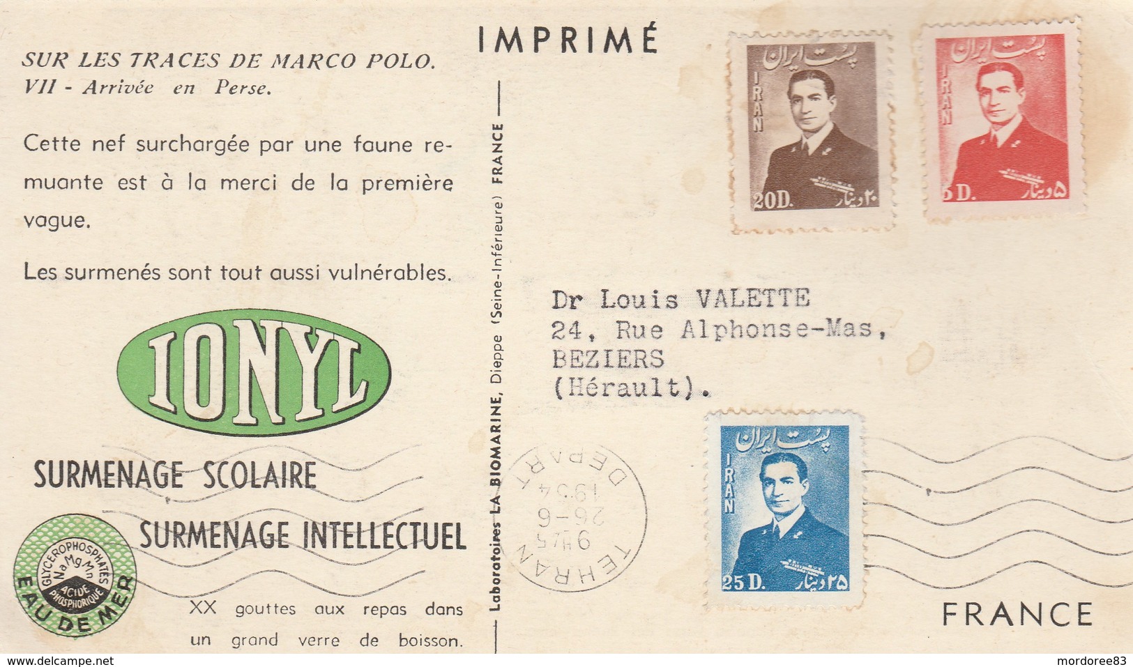 IRAN IMPRIME PUB IONYL THEHRAN 1954 POUR BEZIERS - Iran