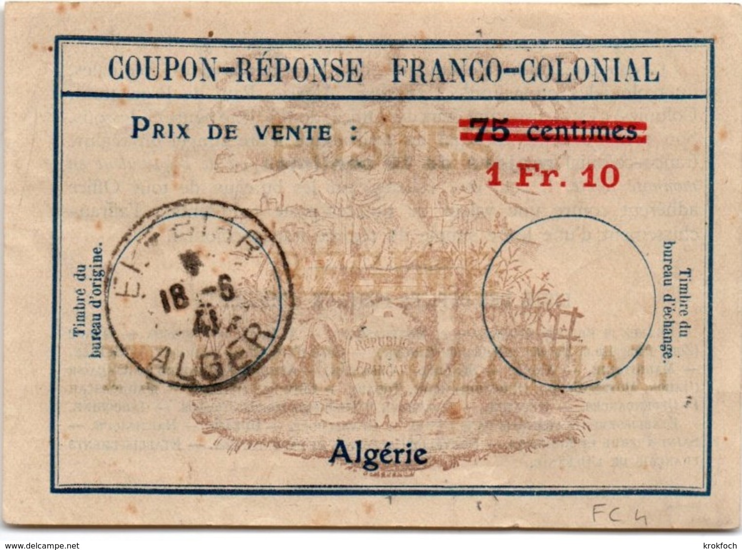 Coupon-réponse Franco-colonial Algérie - 75 Centimes Surchargé 1 Fr.10 (point Carré) - El-Biar 1941 - IRC IAS - Type Fc4 - Coupons-réponse