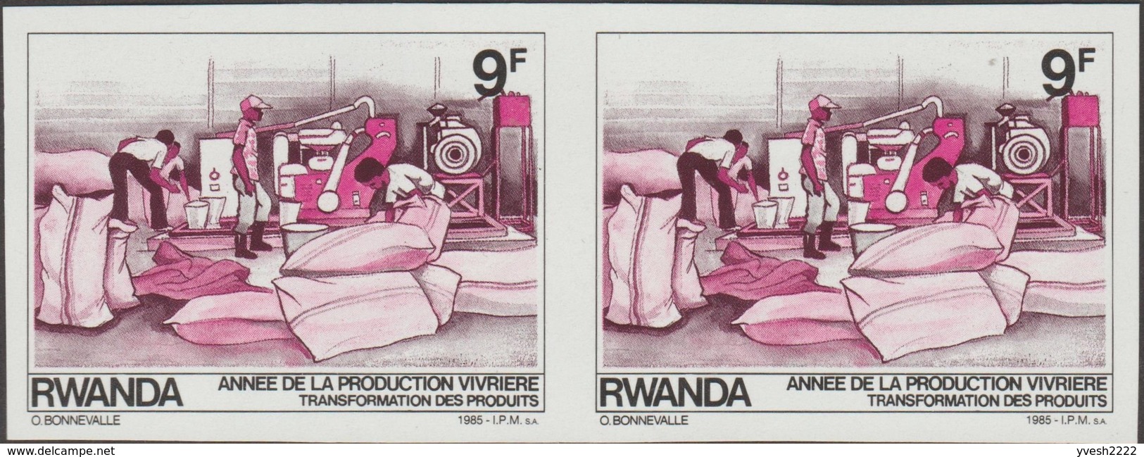 Rwanda 1985 COB 1235. 7 essais de couleurs en paires. Année de la production vivrière. Transformation des produits. Sac