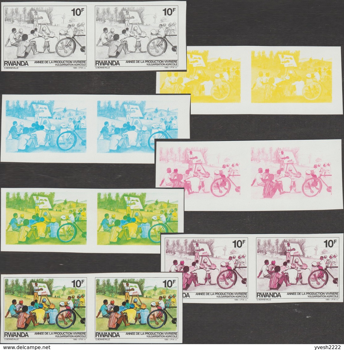 Rwanda 1985 COB 1236. 7 Essais De Couleurs En Paires. Année De La Production Vivrière. Enseignement Agriculture Vélo - Vélo