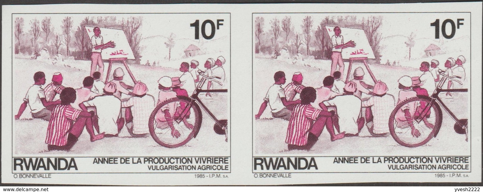 Rwanda 1985 COB 1236. 7 essais de couleurs en paires. Année de la production vivrière. Enseignement agriculture vélo