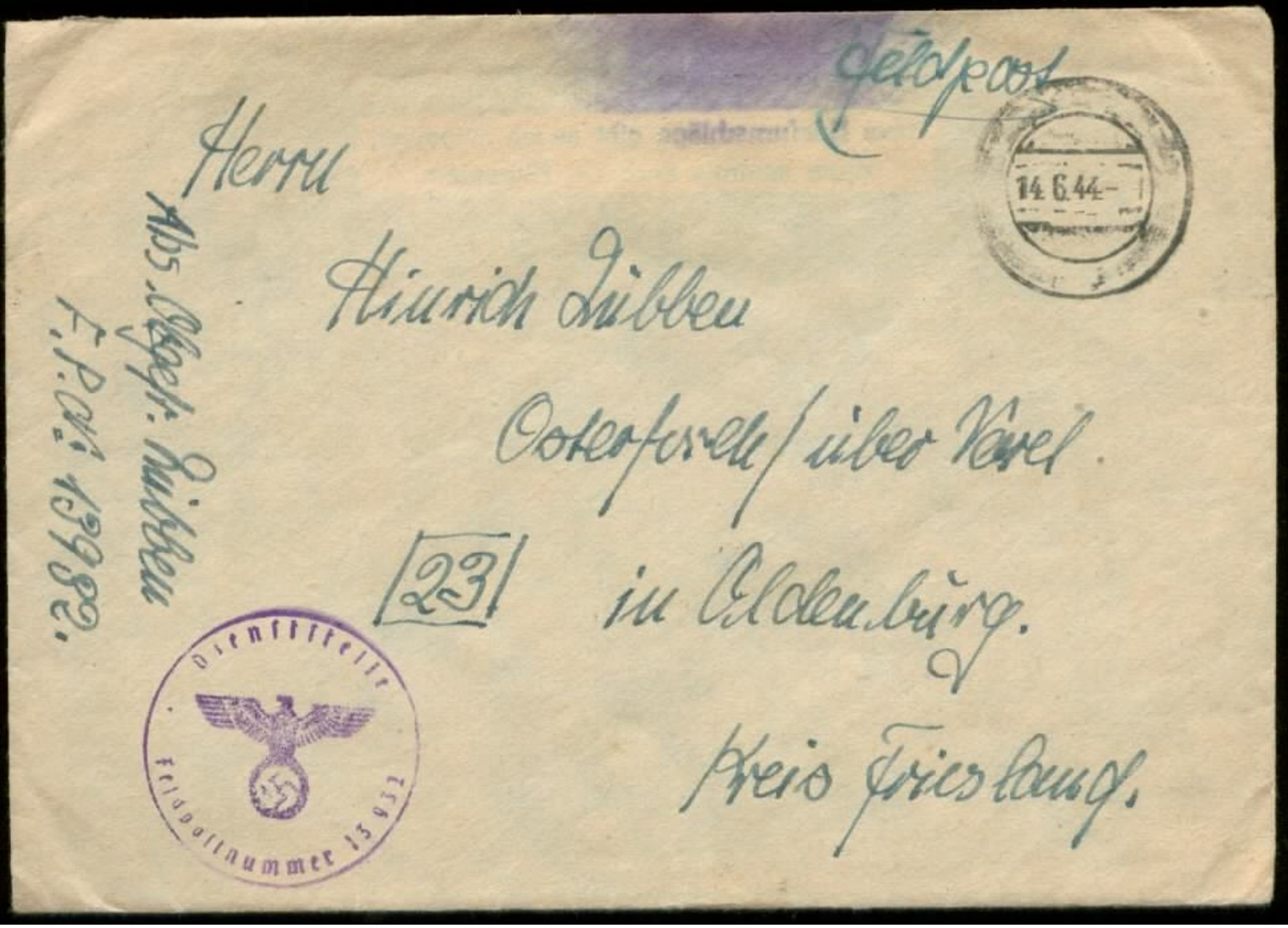 P0980 - DR Feldpost Briefumschlag Führerhauptquartier: Gebraucht FP 13982 - Osterfelde Varel Oldenburg 1944, Bedarfserh - Lettres & Documents