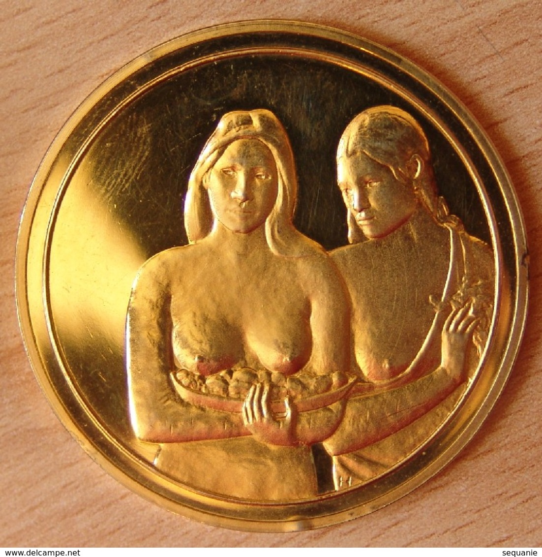 Médaille Seins Au Fleurs Rouges De Paul Gaugin Vermeil 1874-1974 - Professionnels / De Société