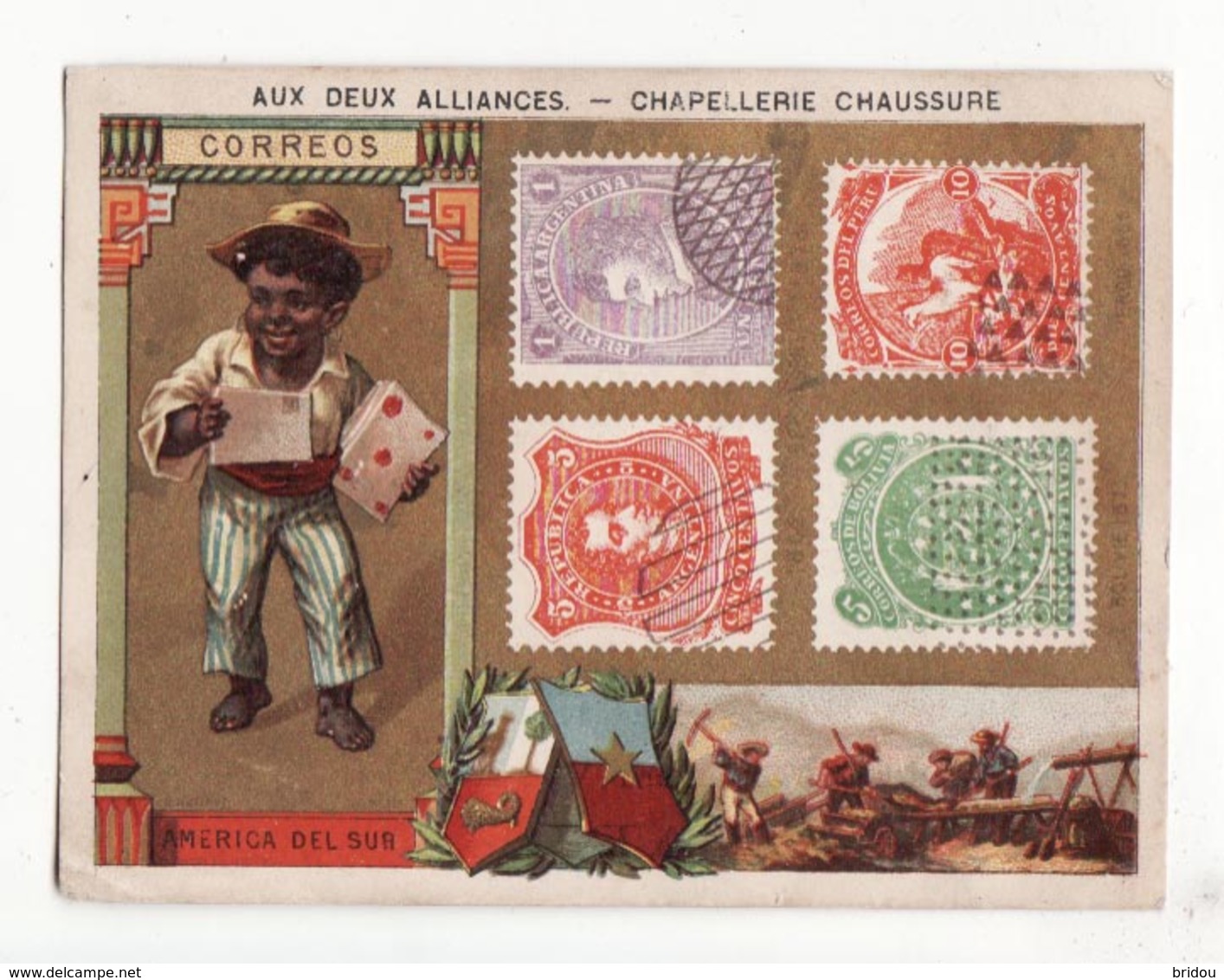 Chromo   CHAPELLERIE AUX DEUX ALLIANCES  Boulevard Voltaire à Paris    Bolivie, Pérou   Poste, Postier, Timbres - Andere & Zonder Classificatie