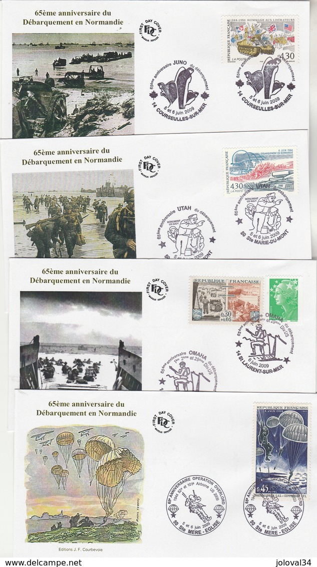 France Lot 7 Enveloppes FDC 2009 65 Ans Débarquement Normandie - 7 Cachets Différents - 2 Scan - WW2