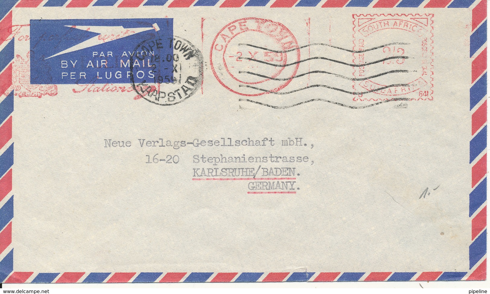 South Africa Air Mail Cover Sent To Germany Meter Cancel Cape Town 2-10-1959 - Other & Unclassified