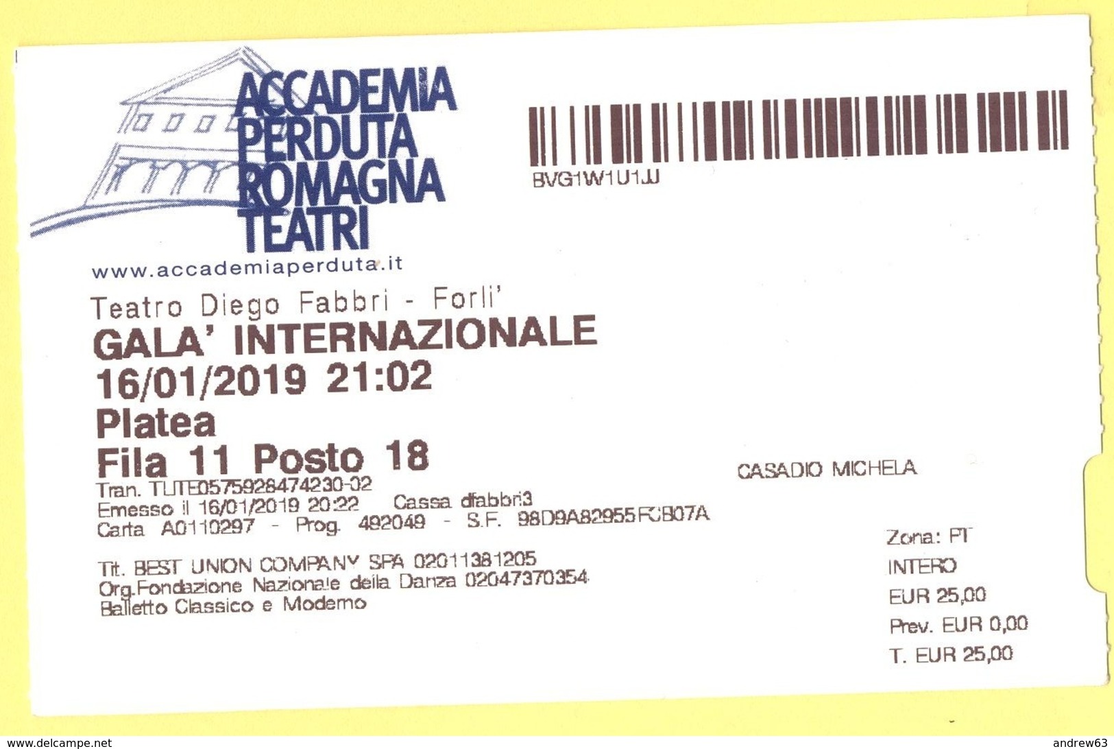 TEATRO DIEGO FABBRI FORLI' - ACCADEMIA PERDUTA ROMAGNA TEATRI - GALA' INTERNAZIONALE - 2019 - Biglietto Ingresso Platea - Biglietti D'ingresso