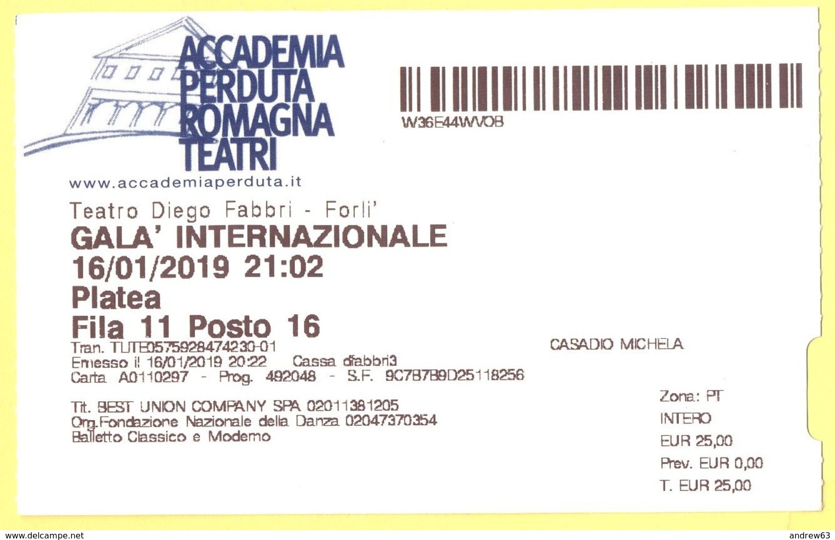 TEATRO DIEGO FABBRI FORLI' - ACCADEMIA PERDUTA ROMAGNA TEATRI - GALA' INTERNAZIONALE - 2019 - Biglietto Ingresso Platea - Biglietti D'ingresso