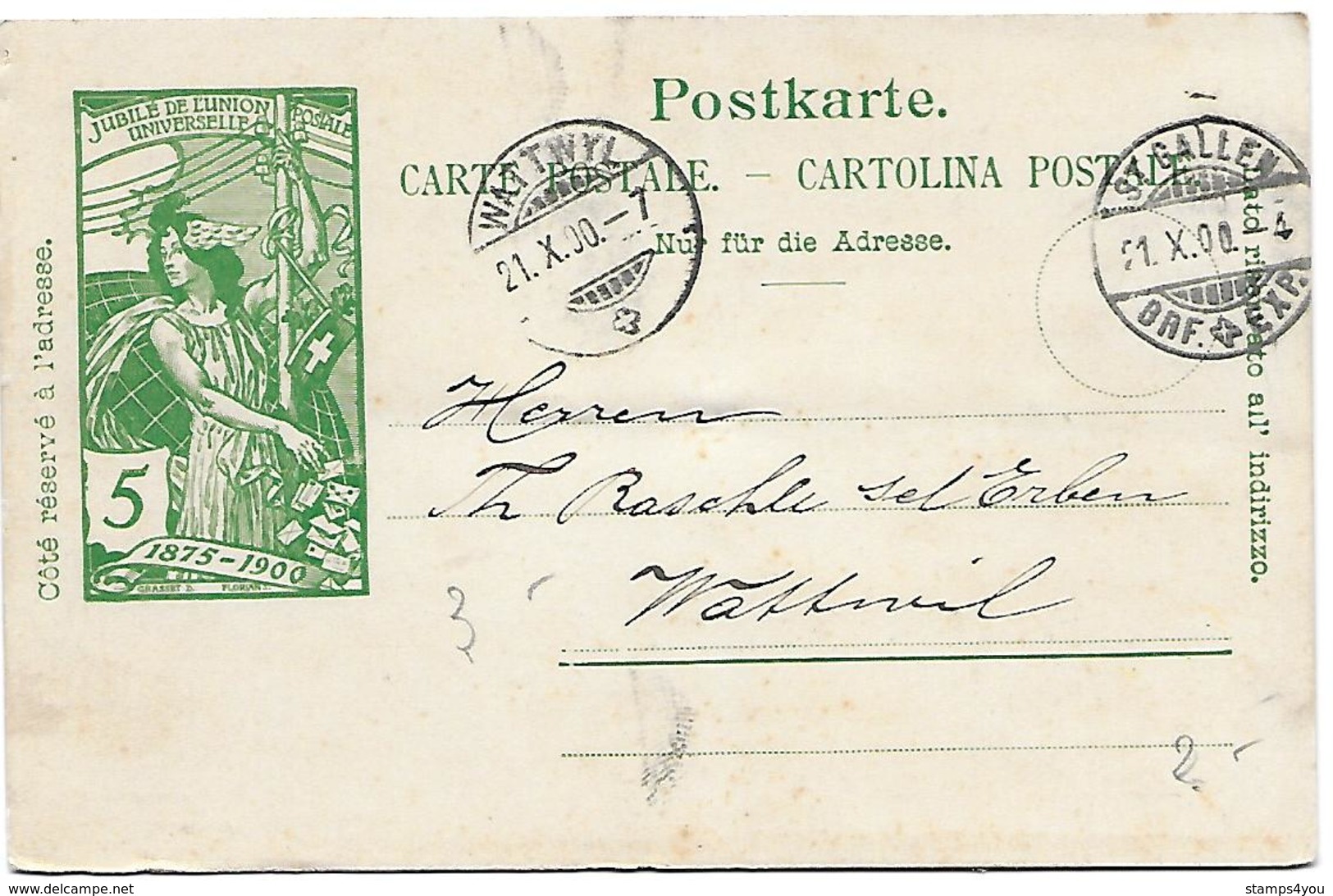 117 - 81 - Entier Postal UPU Avec Cachets à Date St Gallen Et Wattwyl 1900 - Postwaardestukken