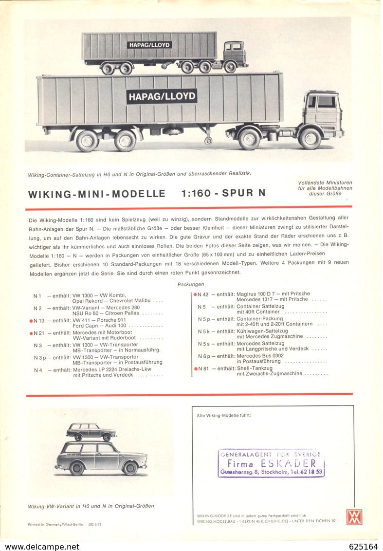 Catalogue WIKING 1971 Miniatur-Modelle HO Größe Mini-Modelle N 1/160 + Preis SeK Schwedische Kronen - Allemand