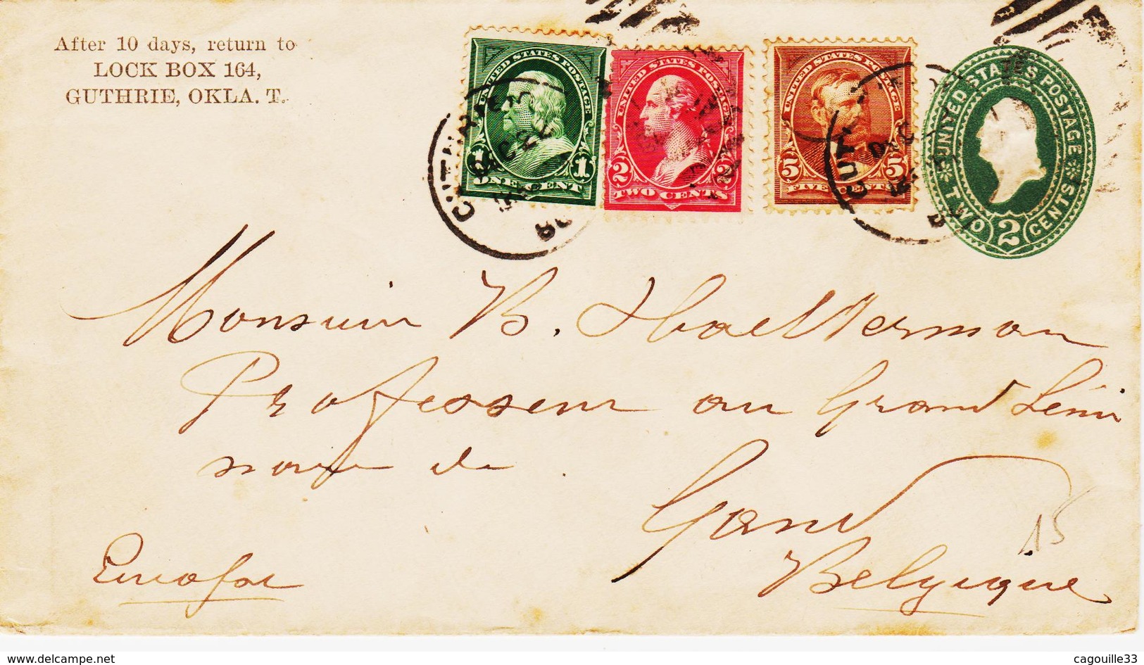 Etats Unis , De Guthrie (oklahoma )en 1890 , Entier 2c Avec Complément Pour La Belgique - Postal History