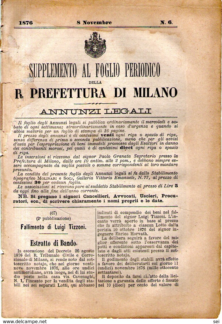 B 2548  -  Supplemento Al Foglio Periodico Della R. Prefettura Di Milano. Annunzi Legali, 1876 - Decreti & Leggi