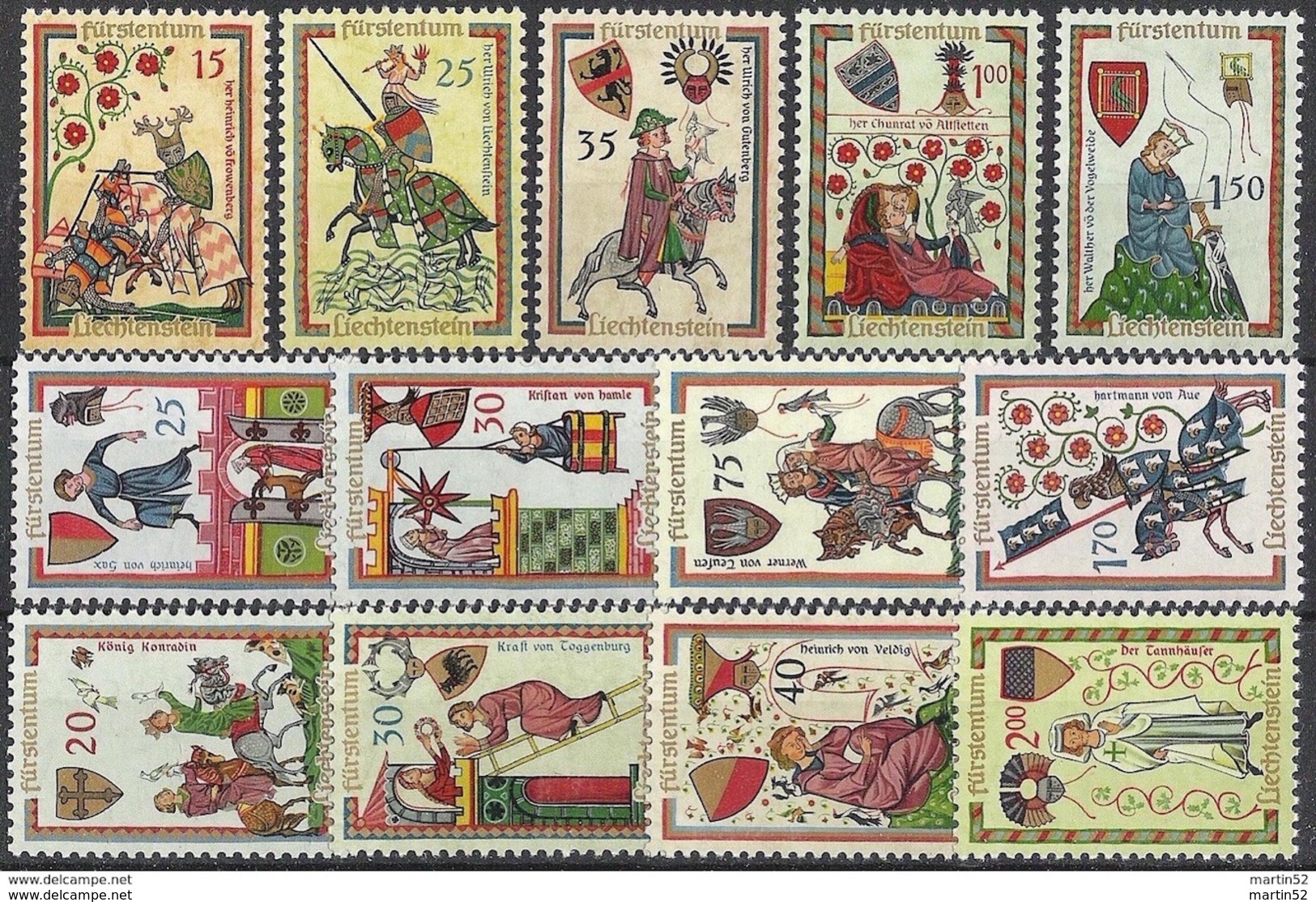 Liechtenstein 1961/63: "Minnesänger Ménestrels Minstrels" ​Zumstein-No. 349-353 + 357-360 + 370-37 ** MNH (Zu CHF 22.00) - Timbres