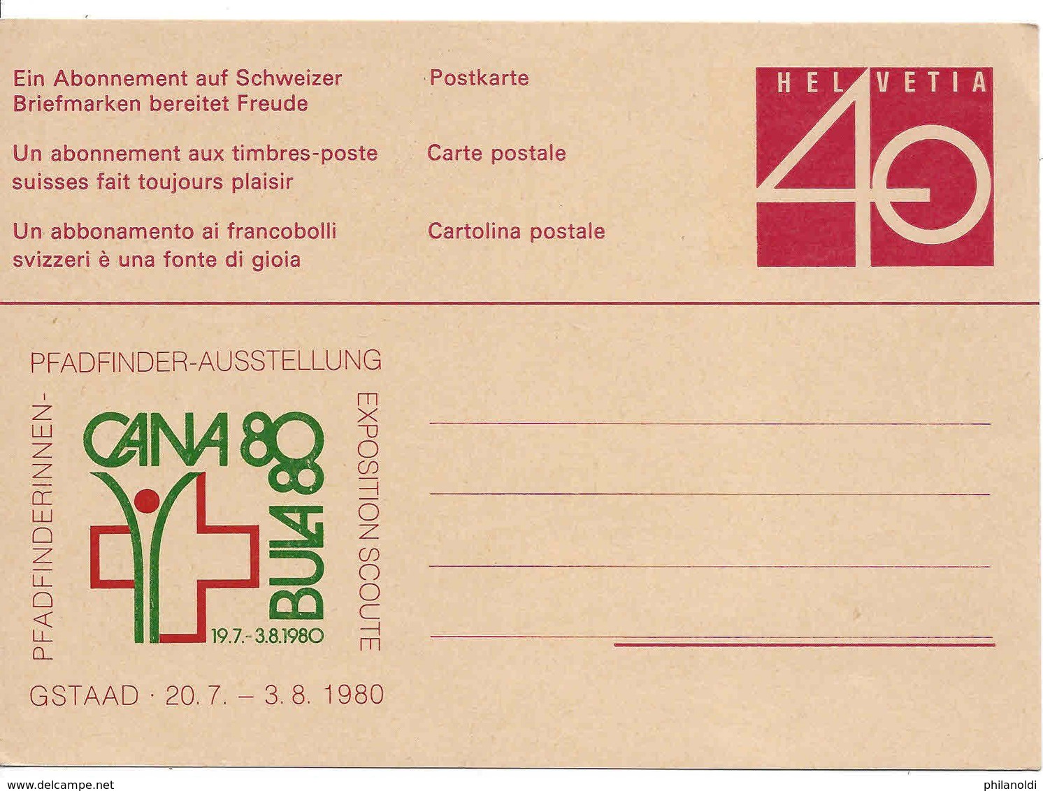 EXPOSITION SCOUTE, PFADFINDER-AUSSTELLUNG GSTAAD 1980, Entier Postal Neuf, Carte Postale, Impression Privée - Entiers Postaux